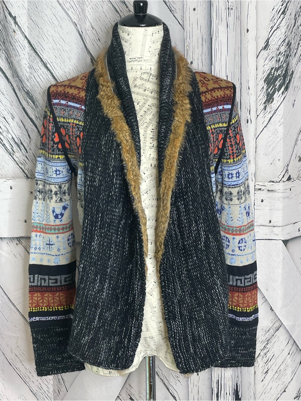 Aldomartins Cardigan Sweater Rabbit Fur Trim Multi-Patterned Size 6